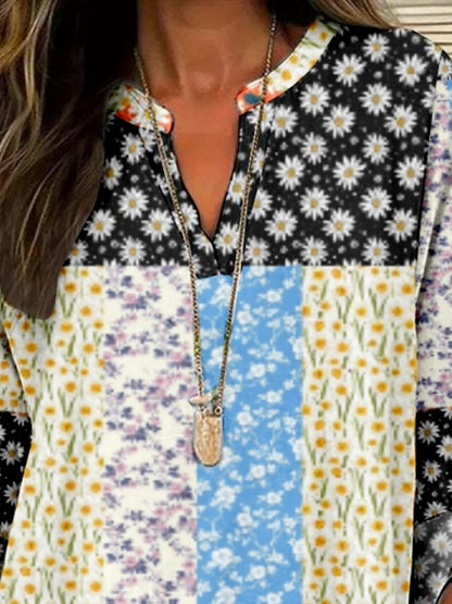 Damenbluse mit Blumenmuster, stilvoll, modern, langärmelig, V-Ausschnitt, normale Passform, für den Alltag und den Urlaub, mit Print, schwarz-weiß, Sommer