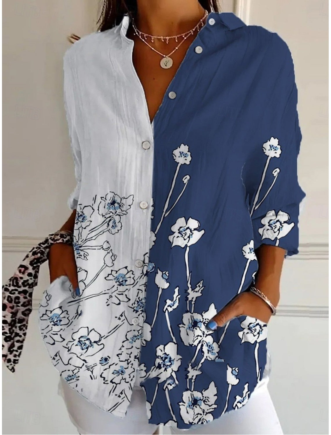Damenhemd mit Blumenmuster, sportlich, stilvoll, langärmelig, Kragen, reguläre Passform, Alltags- und Urlaubshemd, Knöpfe, Print, blau, Frühling, Herbst