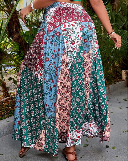 Damenrock, lässiger Boho-Maxirock mit mittlerer Leibhöhe, Blumenmuster, mikroelastisch, Urlaub, Streetstyle, rot-blau, Sommer, Polyester